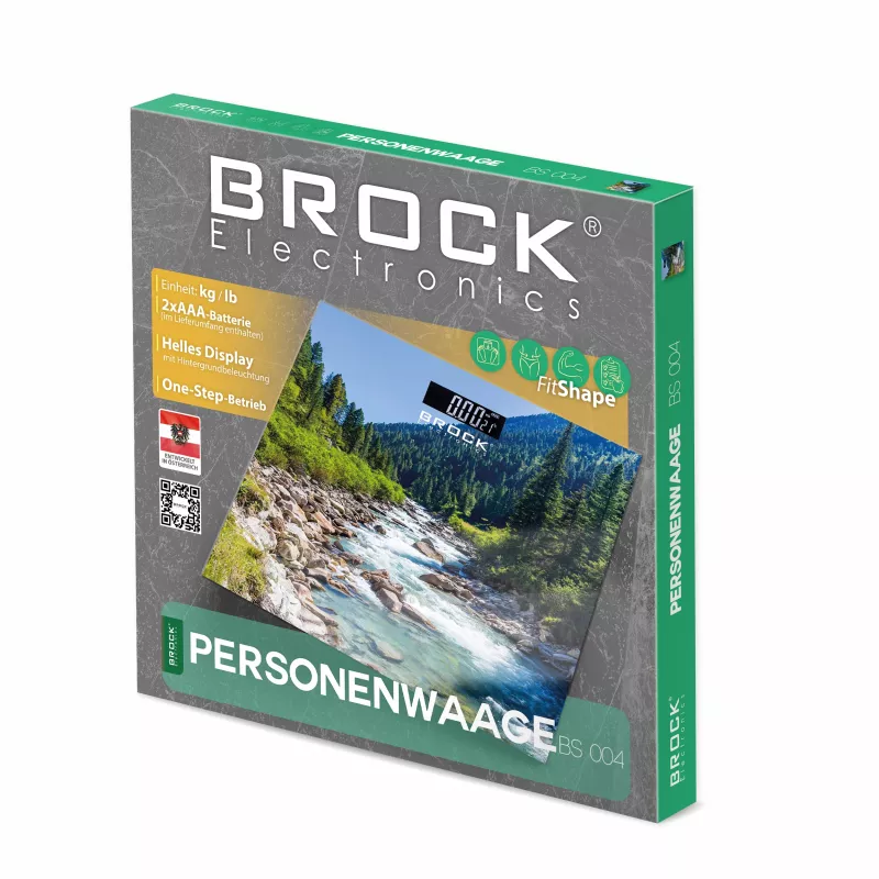 Brock BS 004 skaitmeninės vonios svarstyklės su grūdinto stiklo platforma, 180 kg talpa, 100 g tikslumu, automatinis įjungimas/išjungimas, 2x AAA baterijos pridėtos