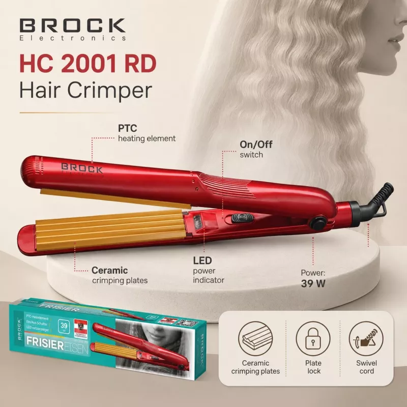Brock HC 2001 RD keraminis plaukų gofravimo žnyplės 25W raudonos