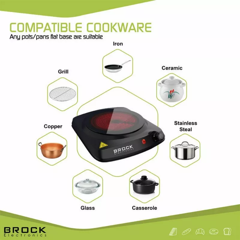 Brock HPI 3001 BK 1500W Viena elektrinė kaitlentė su ketaus plokšte ir reguliuojamu termostatu, juoda