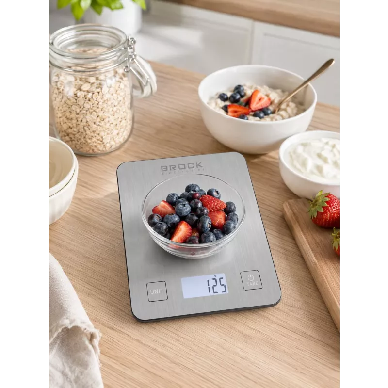 Brock SKS 1009 Skaitmeninės virtuvinės svarstyklės su LED ekranu, 5 kg talpa, 1 g tikslumu, grūdinto stiklo platforma, juodos