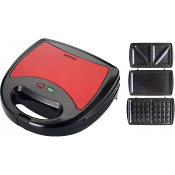 Brock SSM 2003 RD 3-in-1 sumuštinių keptuvė, vaflių keptuvė ir grilis, 750 W, juoda/raudona