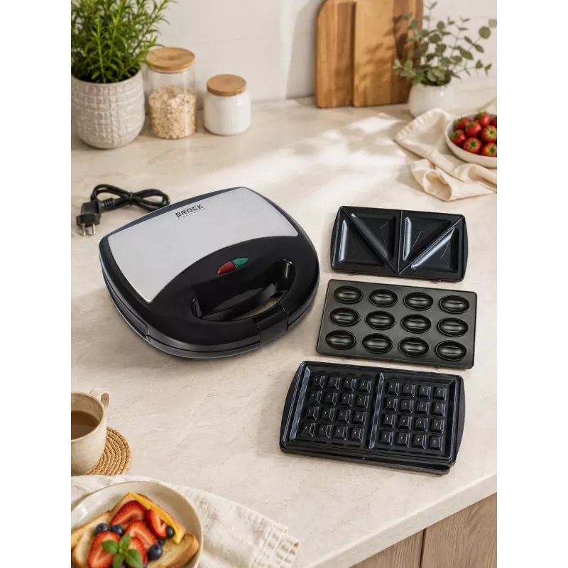 Brock SSM 2004 SS 3-in-1 sumuštinių, vaflių ir riešutėlių keptuvas, 750W, juodas/plieninis