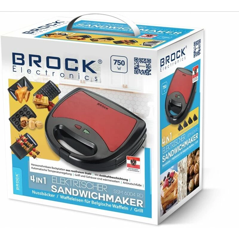 Brock SSM 6004 RD 4-in-1 sumuštinių/riešutų vaflių keptuvė ir grilis 750 W, raudona