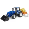 BRUDER New Holland T5.120 traktorius su priekiniu krautuvu, pakrovimo dėže ir šakėmis 1:16