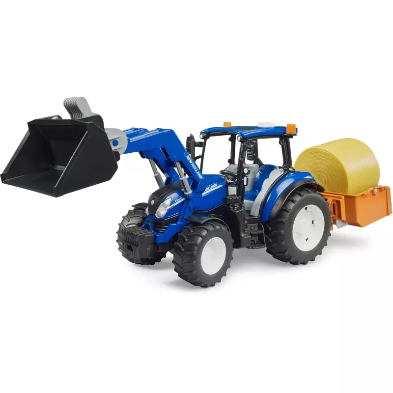 BRUDER New Holland T5.120 traktorius su priekiniu krautuvu, pakrovimo dėže ir šakėmis 1:16