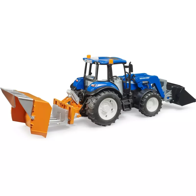 BRUDER New Holland T5.120 traktorius su priekiniu krautuvu, pakrovimo dėže ir šakėmis 1:16