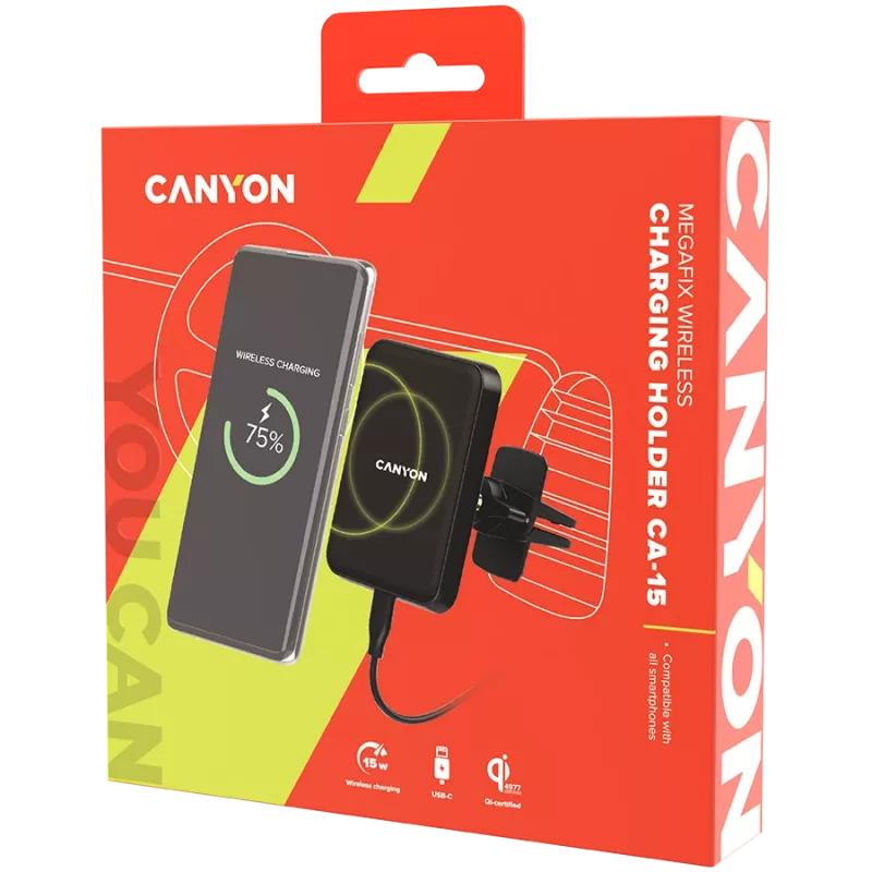 CANYON CH-15 Automobilinis laikiklis ir belaidis įkroviklis MegaFix, 15W, USB-C, juodas