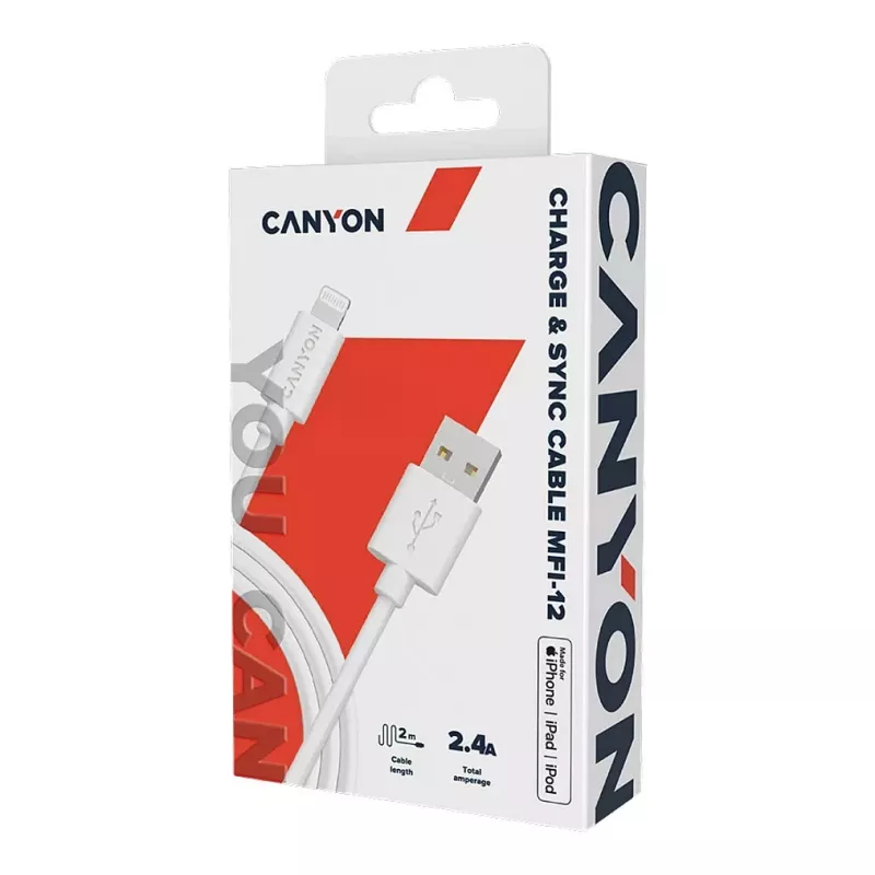 CANYON MFI-12 USB-A į Lightning laidas 2 m baltas