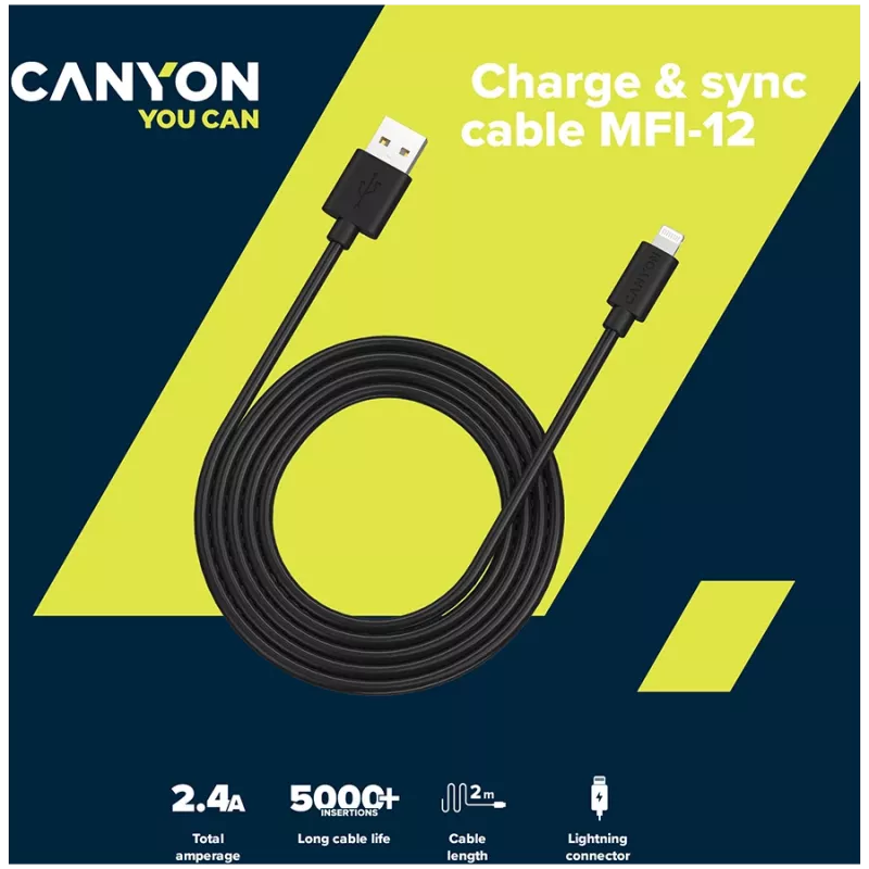 CANYON MFI-12 USB-A į Lightning laidas 2 m baltas