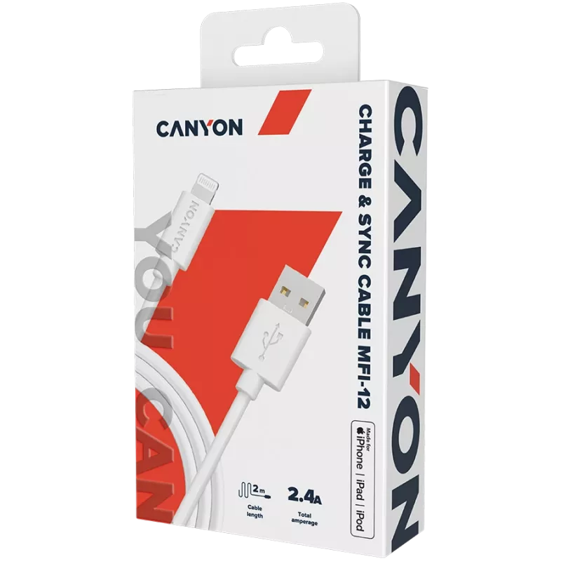 CANYON MFI-12 USB-A į Lightning laidas 2 m baltas