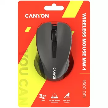 CANYON MW-1 belaidė optinė pelė - 2.4 GHz, 1600 DPI, pilka
