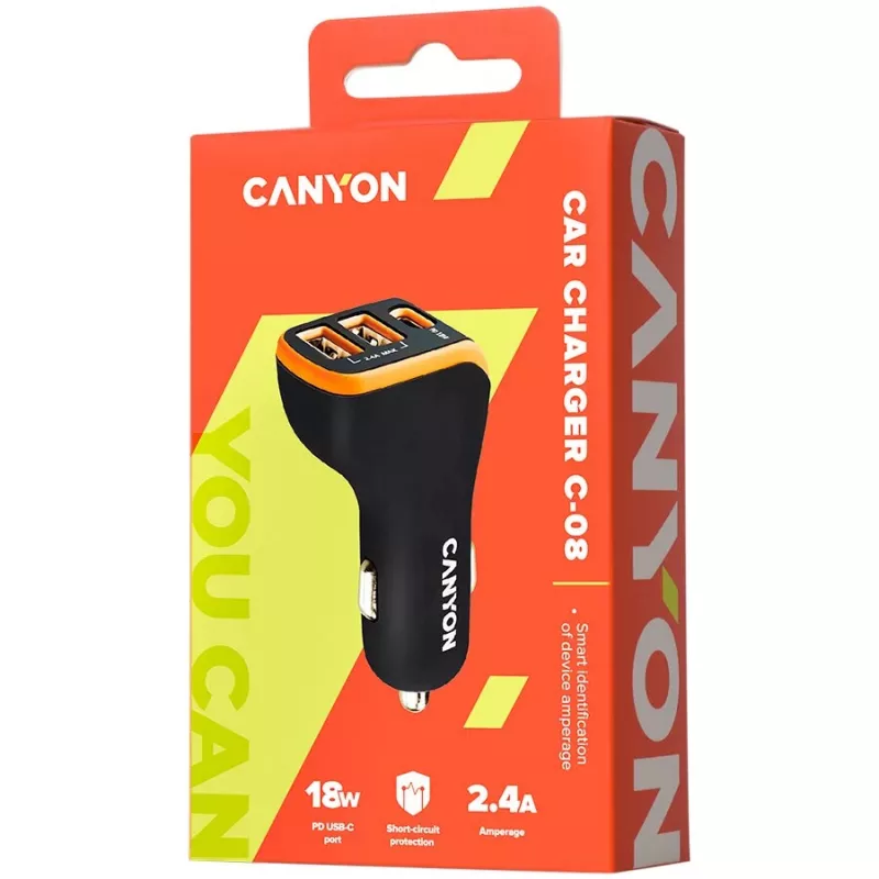 Canyon Universal 3xUSB automobilinis adapteris, įėjimas 12V-24V, išėjimas DC, juodas