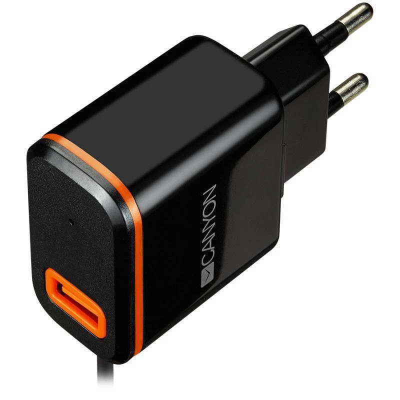 Canyon sieninis įkroviklis su USB Type-C kabeliu, 2.1A, juodas