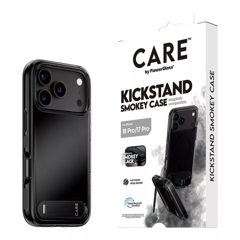 CARE by PanzerGlass dėklas su atrama Smokey Black MagSafe, skirtas iPhone 17 Pro