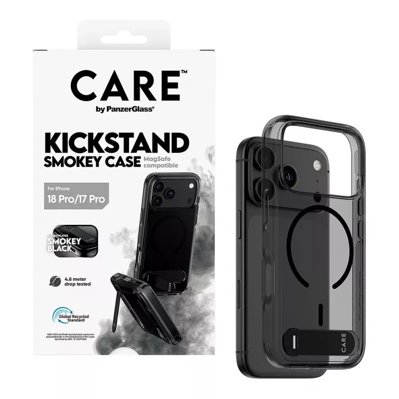 CARE by PanzerGlass dėklas su atrama Smokey Black MagSafe, skirtas iPhone 17 Pro