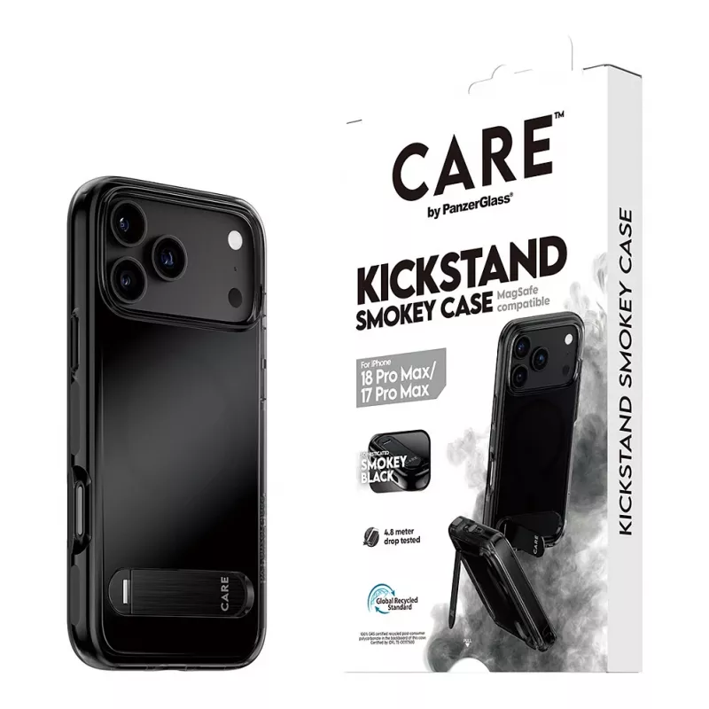 CARE by PanzerGlass „Kickstand“ dėklas „Smokey“ su juodu „MagSafe“ skirtas iPhone 17 Pro Max