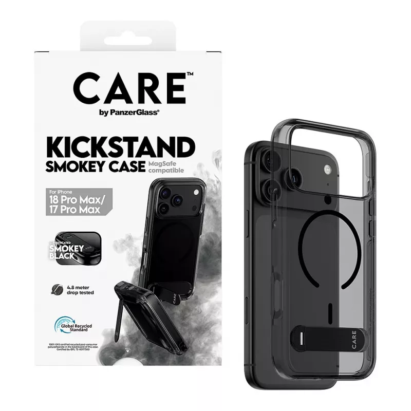 CARE by PanzerGlass „Kickstand“ dėklas „Smokey“ su juodu „MagSafe“ skirtas iPhone 17 Pro Max
