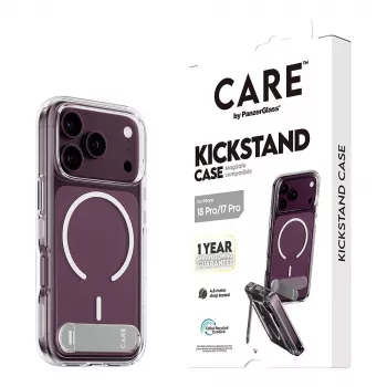CARE by PanzerGlass dėklas su atlenkiama kojelė yra permatomas su baltu MagSafe, skirtas iPhone 17 Pro