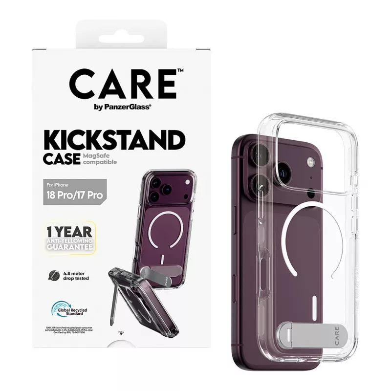 CARE by PanzerGlass dėklas su atlenkiama kojelė yra permatomas su baltu MagSafe, skirtas iPhone 17 Pro