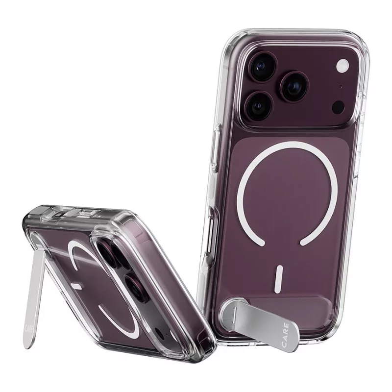 CARE by PanzerGlass dėklas su atlenkiama kojelė yra permatomas su baltu MagSafe, skirtas iPhone 17 Pro