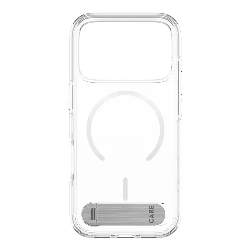 CARE by PanzerGlass dėklas su atlenkiama kojelė yra permatomas su baltu MagSafe, skirtas iPhone 17 Pro