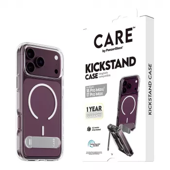 CARE by PanzerGlass dėklas su atlenkiama kojelė skaidrus su baltu MagSafe, skirtas iPhone 17 Pro Max