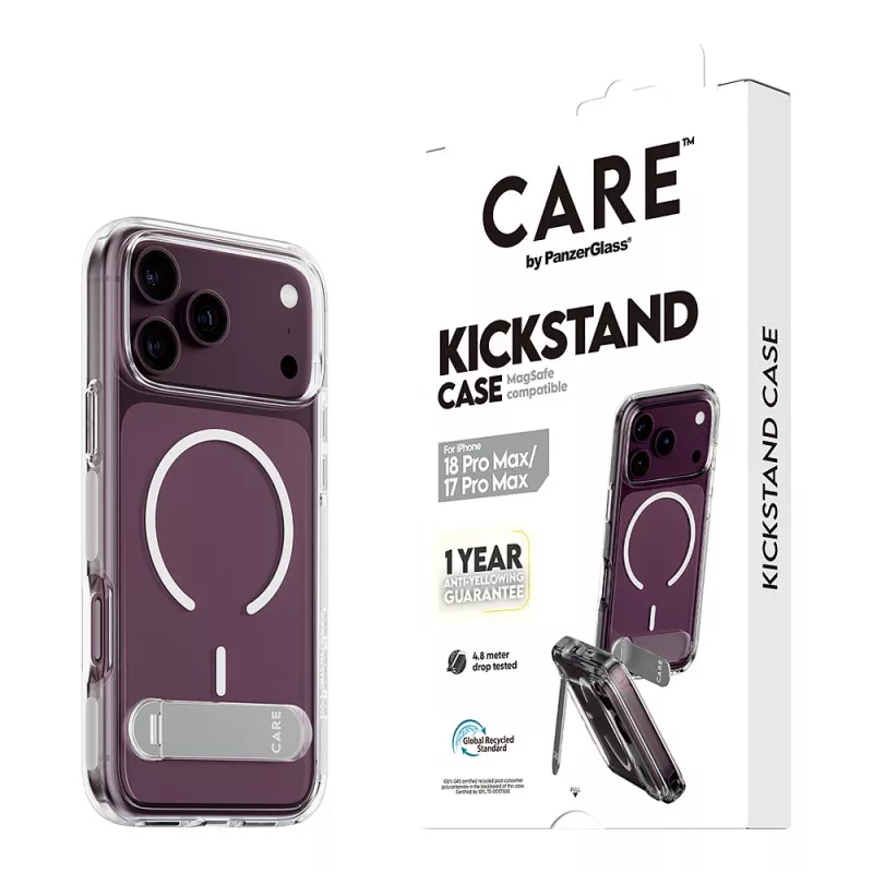 CARE by PanzerGlass dėklas su atlenkiama kojelė skaidrus su baltu MagSafe, skirtas iPhone 17 Pro Max