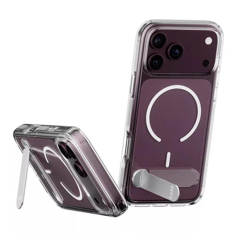CARE by PanzerGlass dėklas su atlenkiama kojelė skaidrus su baltu MagSafe, skirtas iPhone 17 Pro Max