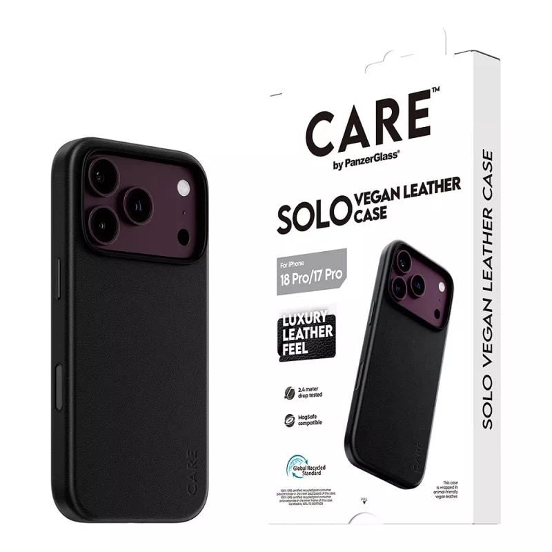 CARE by PanzerGlass Solo veganiškos odos dėklas juodas su MagSafe, skirtas iPhone 17 Pro