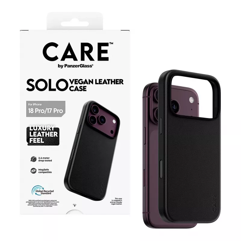 CARE by PanzerGlass Solo veganiškos odos dėklas juodas su MagSafe, skirtas iPhone 17 Pro