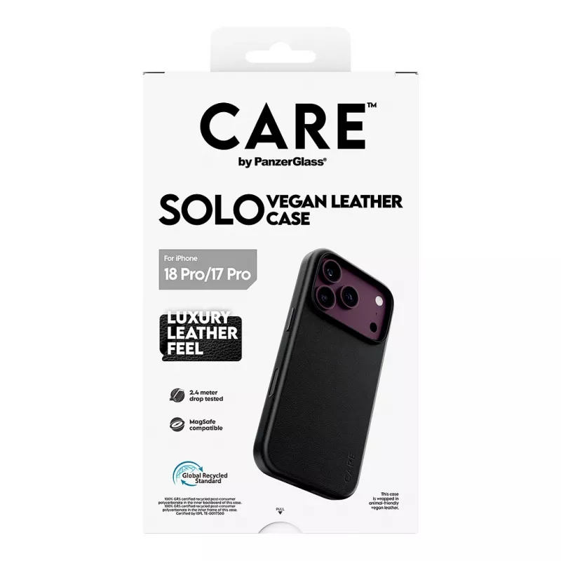 CARE by PanzerGlass Solo veganiškos odos dėklas juodas su MagSafe, skirtas iPhone 17 Pro
