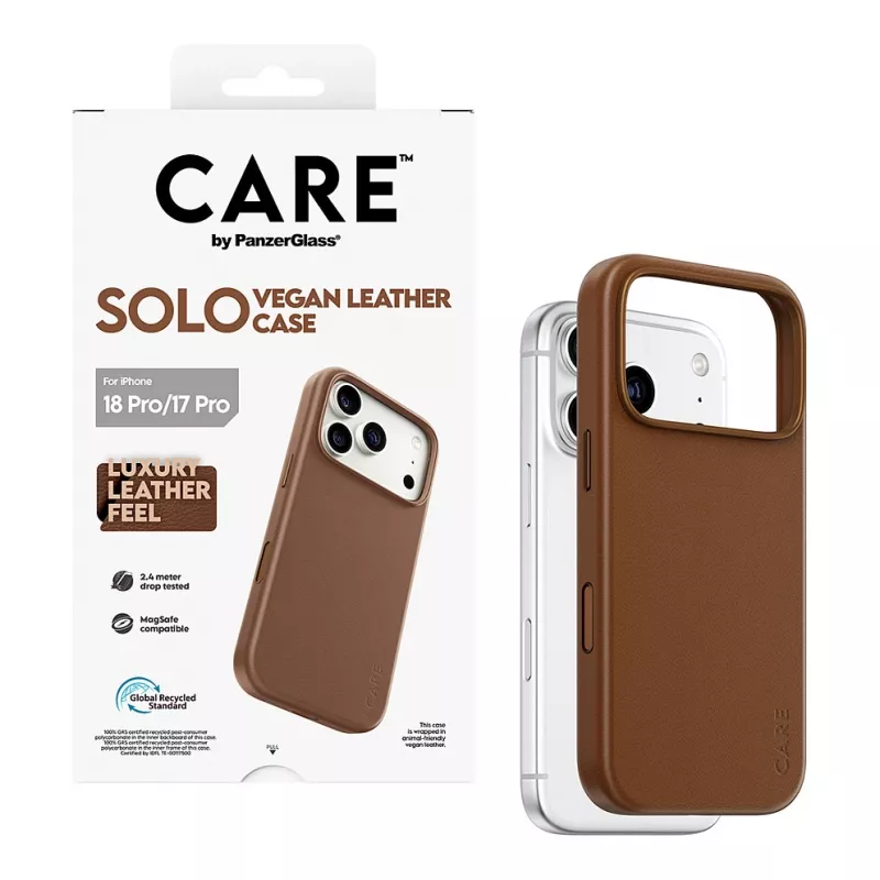 CARE by PanzerGlass Solo veganiškos odos dėklas rudas su MagSafe, skirtas iPhone 17 Pro