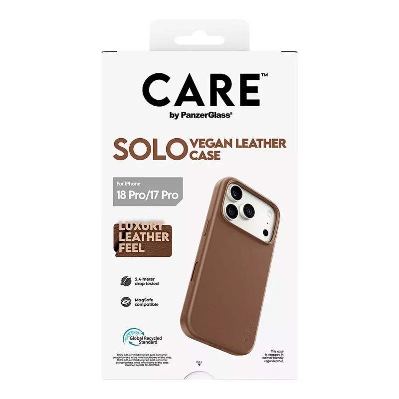 CARE by PanzerGlass Solo veganiškos odos dėklas rudas su MagSafe, skirtas iPhone 17 Pro