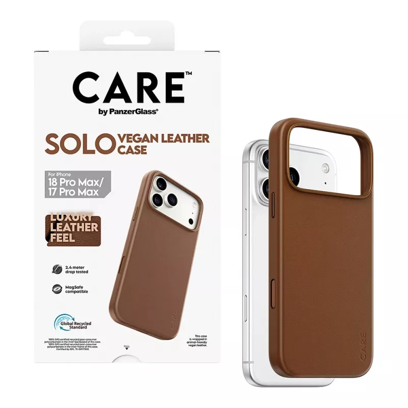 CARE by PanzerGlass Solo veganiškos odos dėklas rudas su MagSafe, skirtas iPhone 17 Pro Max