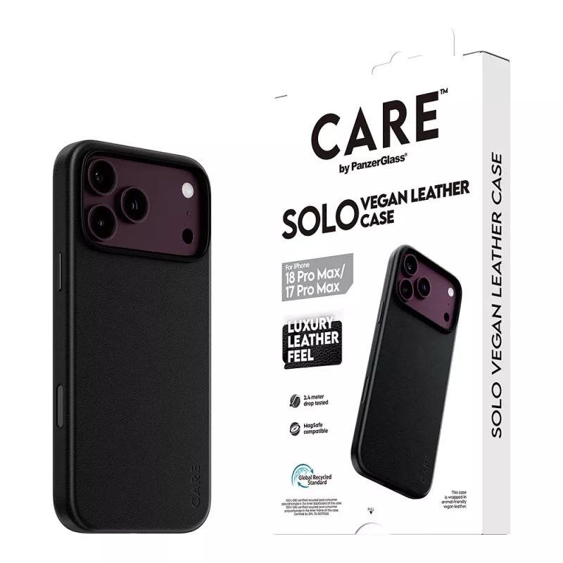 CARE by PanzerGlass Solo veganiškos odos dėklas su MagSafe, skirtas iPhone 17 Pro Max - juodas