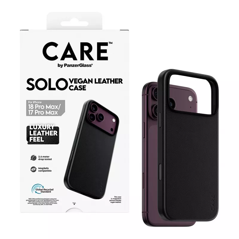 CARE by PanzerGlass Solo veganiškos odos dėklas su MagSafe, skirtas iPhone 17 Pro Max - juodas