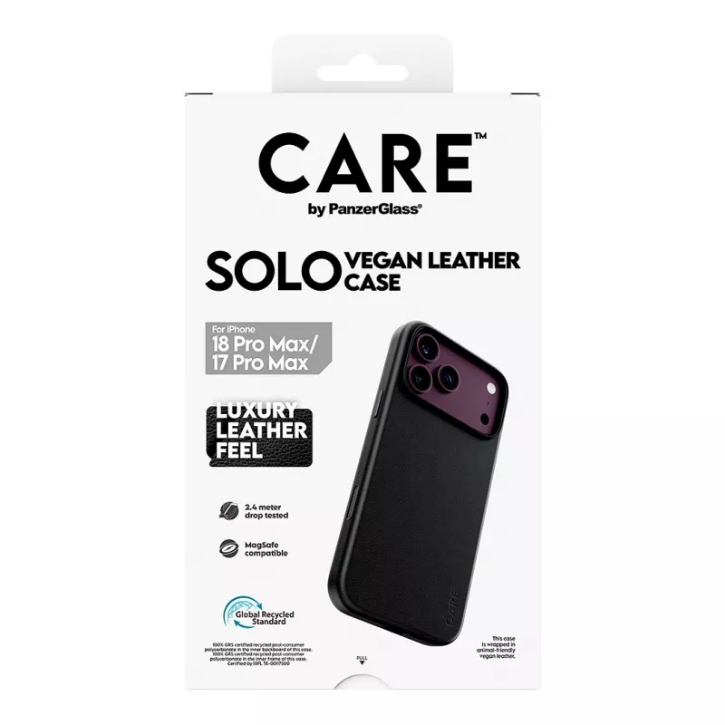 CARE by PanzerGlass Solo veganiškos odos dėklas su MagSafe, skirtas iPhone 17 Pro Max - juodas