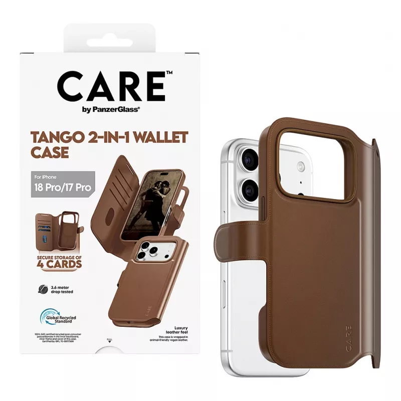 CARE by PanzerGlass Tango 2-in-1 dėklas su pinigine rudas su MagSafe, skirtas iPhone 17 Pro