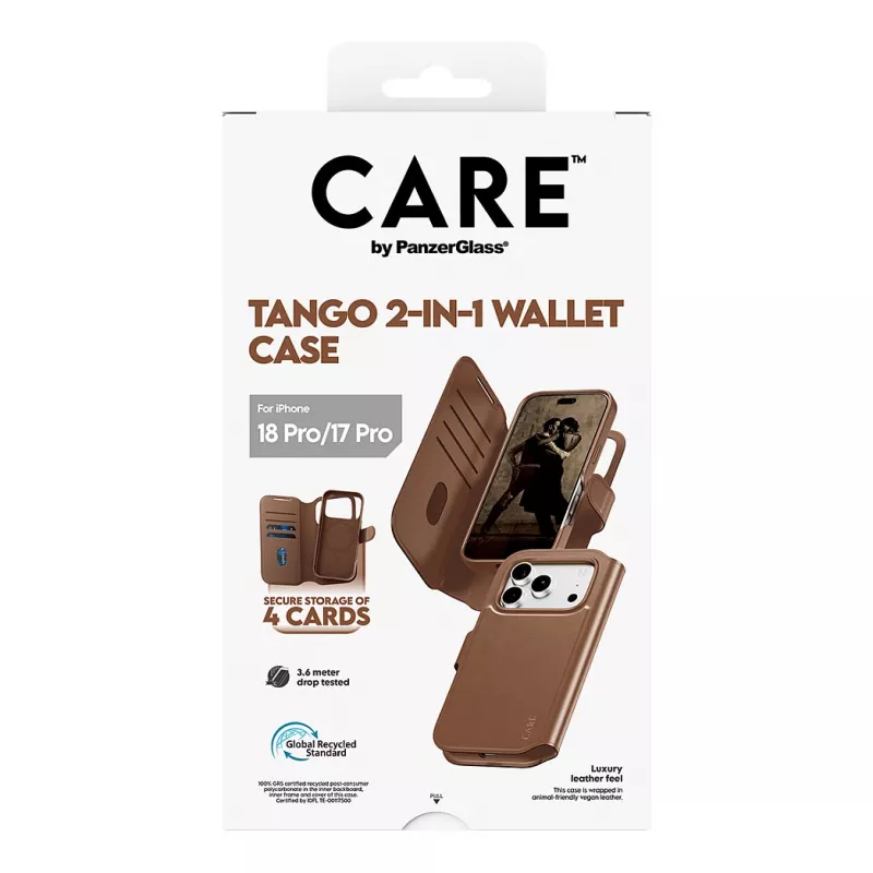 CARE by PanzerGlass Tango 2-in-1 dėklas su pinigine rudas su MagSafe, skirtas iPhone 17 Pro