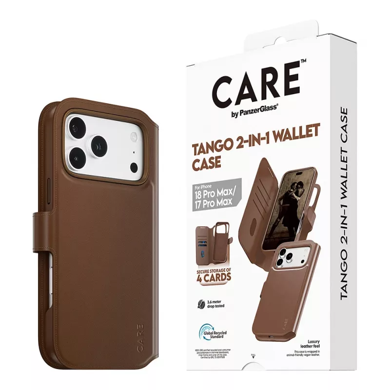 CARE by PanzerGlass Tango 2-in-1 piniginės dėklas rudas su MagSafe, skirtas iPhone 17 Pro Max