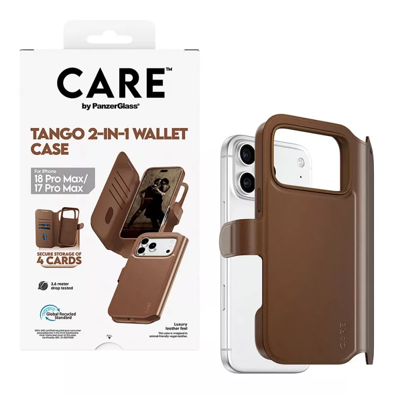 CARE by PanzerGlass Tango 2-in-1 piniginės dėklas rudas su MagSafe, skirtas iPhone 17 Pro Max