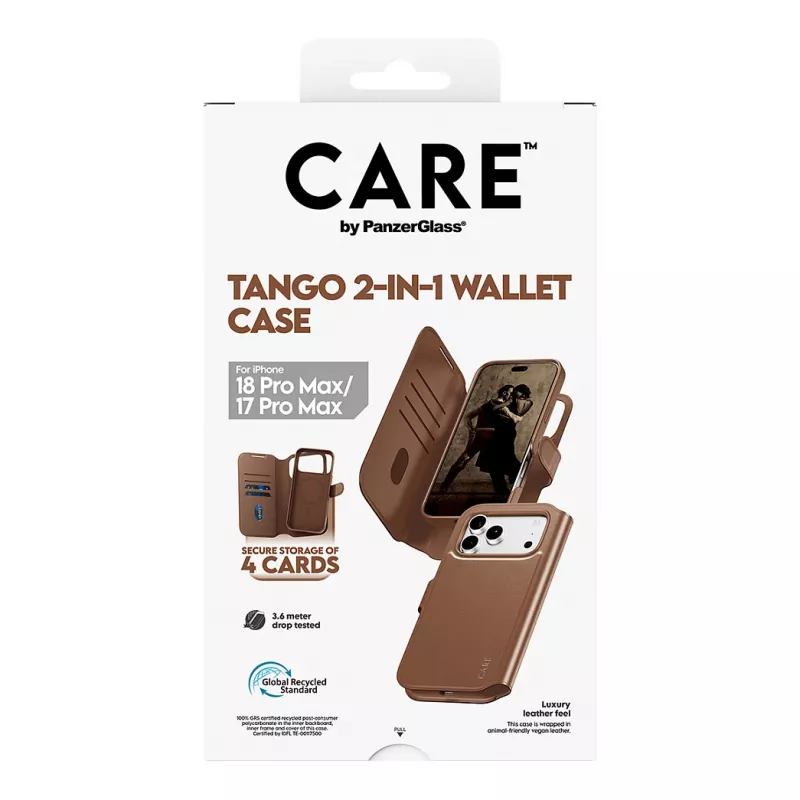 CARE by PanzerGlass Tango 2-in-1 piniginės dėklas rudas su MagSafe, skirtas iPhone 17 Pro Max