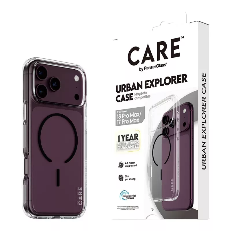 CARE by PanzerGlass Urban Explorer dėklas permatomas su juodu MagSafe, skirtas iPhone 17 Pro Max