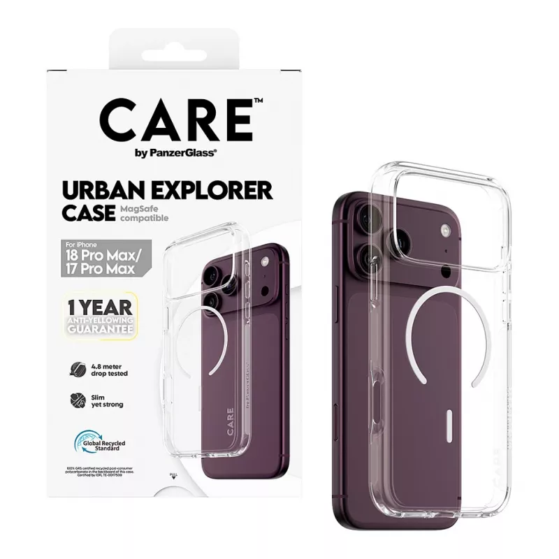 CARE by PanzerGlass Urban Explorer dėklas permatomas su baltu MagSafe, skirtas iPhone 17 Pro Max