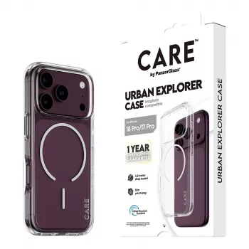 CARE by PanzerGlass Urban Explorer dėklas permatomas su baltu MagSafe žiedu, skirtas iPhone 17 Pro