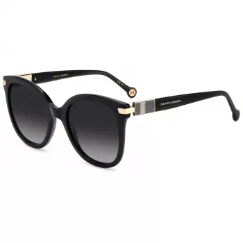 CAROLINA HERRERA HER0134S807 Moteriški akiniai nuo saulės - Juodas acetatinis rėmelis, pilki polikarbonatiniai lęšiai, 55/21/145 mm