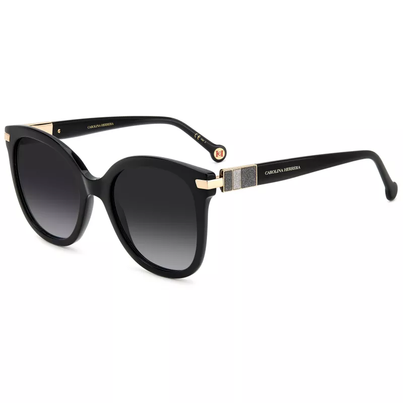 CAROLINA HERRERA HER0134S807 Moteriški akiniai nuo saulės - Juodas acetatinis rėmelis, pilki polikarbonatiniai lęšiai, 55/21/145 mm