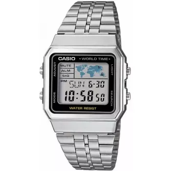 Casio A500WA-1DF klasikinis skaitmeninis kvarcinis rankinis laikrodis – sidabrinė nerūdijančio plieno apyrankė, LED foninis apšvietimas, pasaulinis laikas