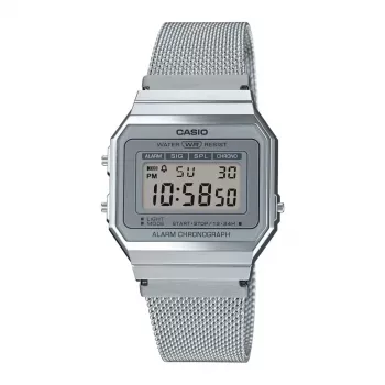 CASIO A700WM-7A Unisex Skaitmeninis Laikrodis - 37,4 mm Sidabrinis Milano Tinklelis