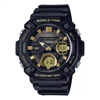 CASIO AEQ-120W-9A Vyriškas analoginis-skaitmeninis laikrodis, 53,3 mm, juodas dervos korpusas, juoda dervos juosta, auksiniai akcentai